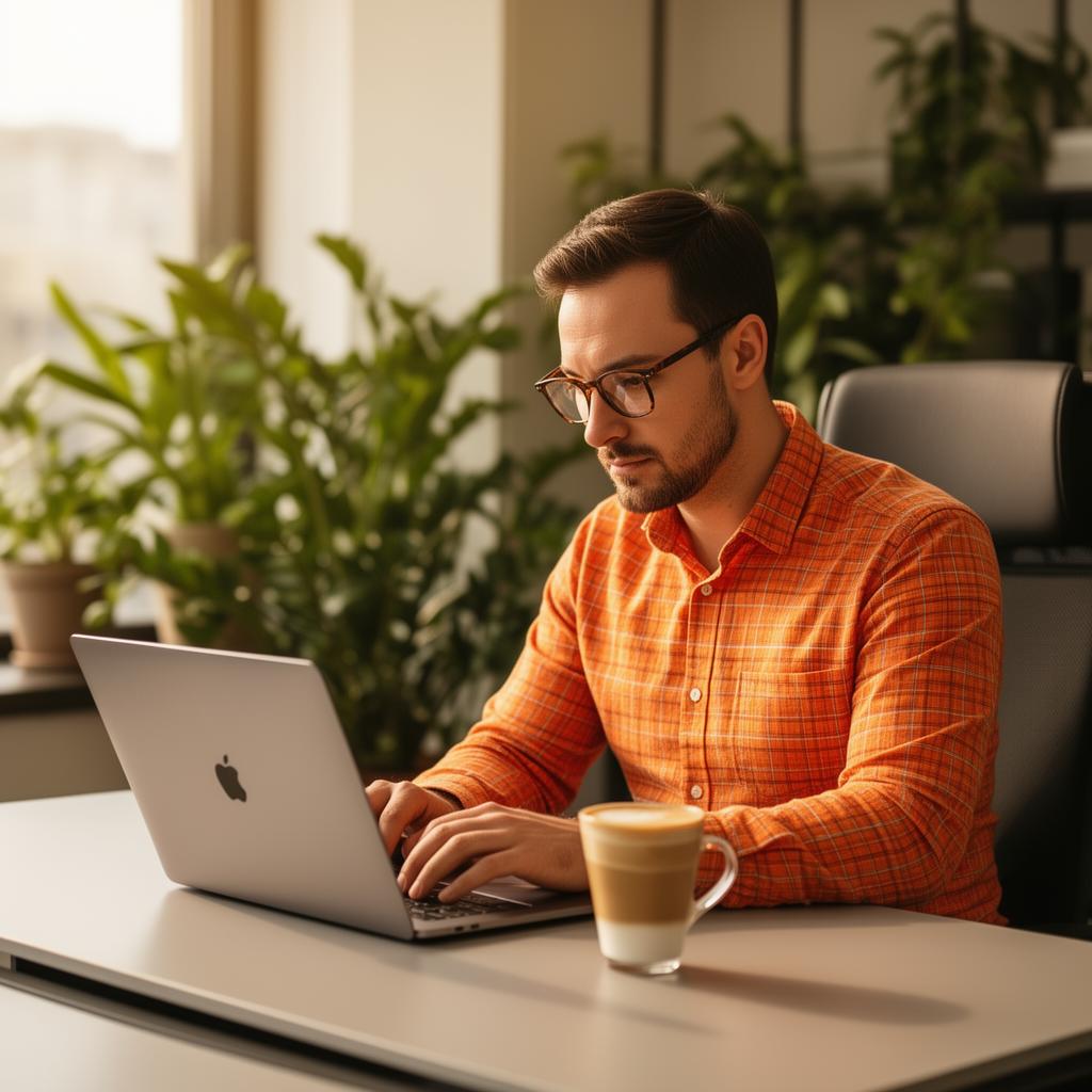 Team member working at laptop in modern office